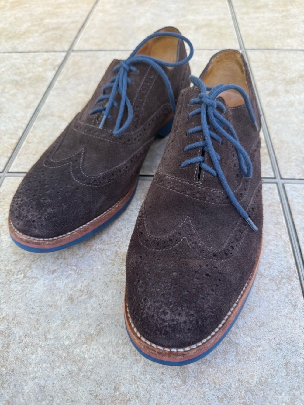 Peter Millar Men's Brown Suede Wingtip Oxfords with Blue Laces